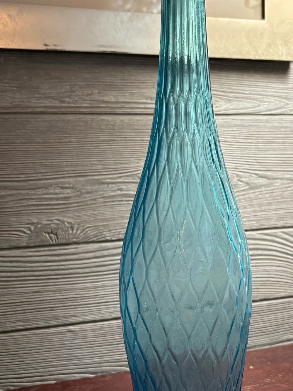 Vintage Blue Glass Decanter 100% recycled glass with a textured diamond pattern.